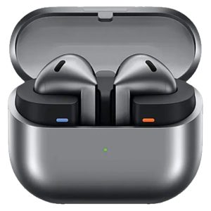هدفون بلوتوثی سامسونگ مدل Galaxy Buds3 با نویز کنسلینگ فعال (ANC)، نویز کنسلینگ میکروفون (ENC)، درگاه شارژ USB Type-C، با قابلیت اتصال به چند دستگاه، دارای قابلیت صدای 360 درجه، Galaxy AI، میکروفون سه گانه، پشتیبانی از فرمان لمسی، ضد آب و گرد و غبار